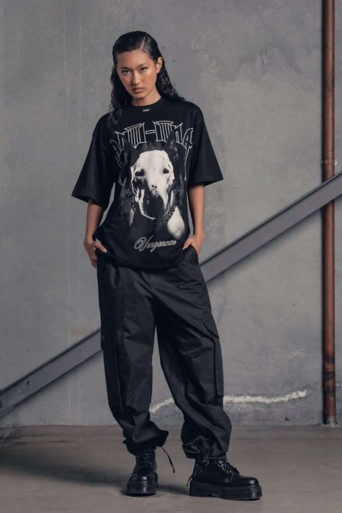 Acid hue graphic shirt black pants