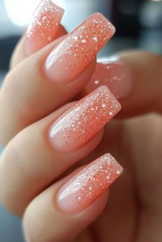 Apricot nails with silver shimmer