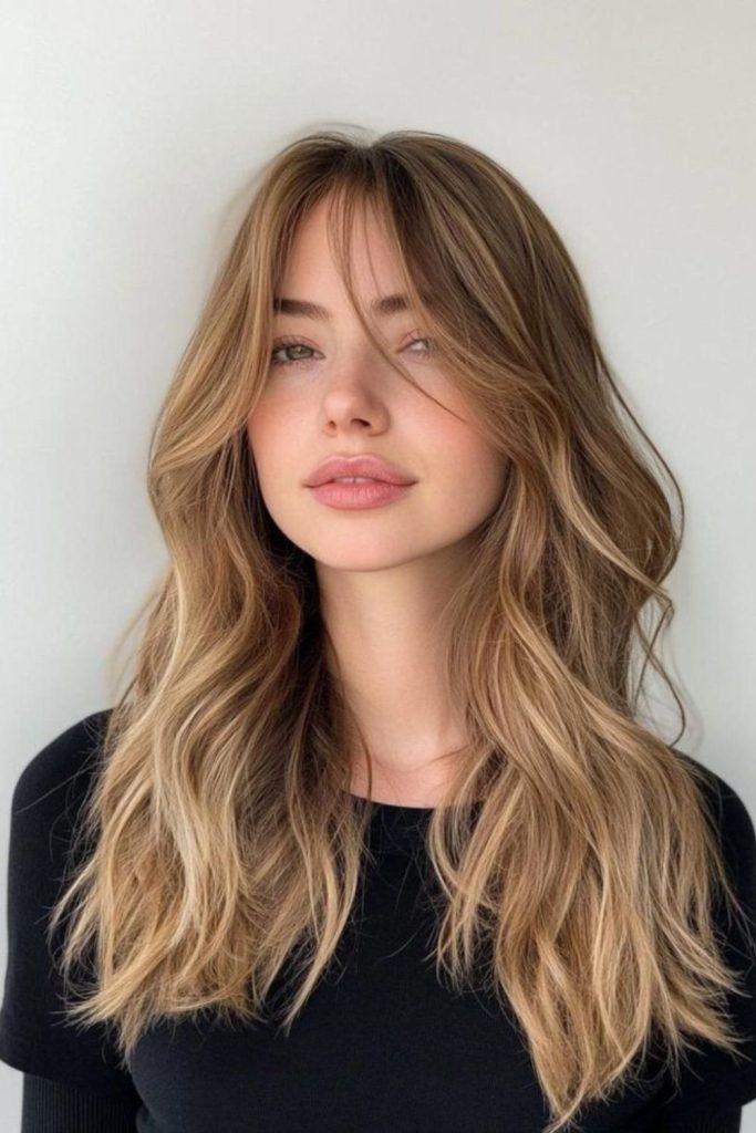 Asymmetrical curtain bangs with waves