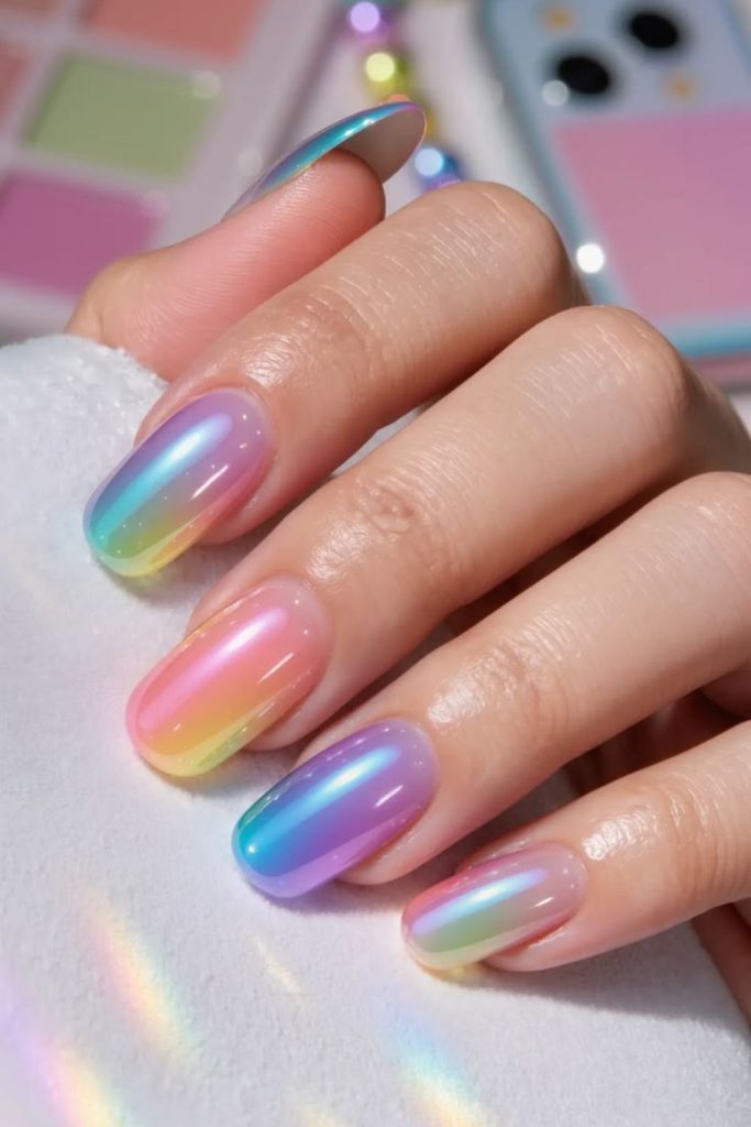 Multicolor prism shimmer nails.