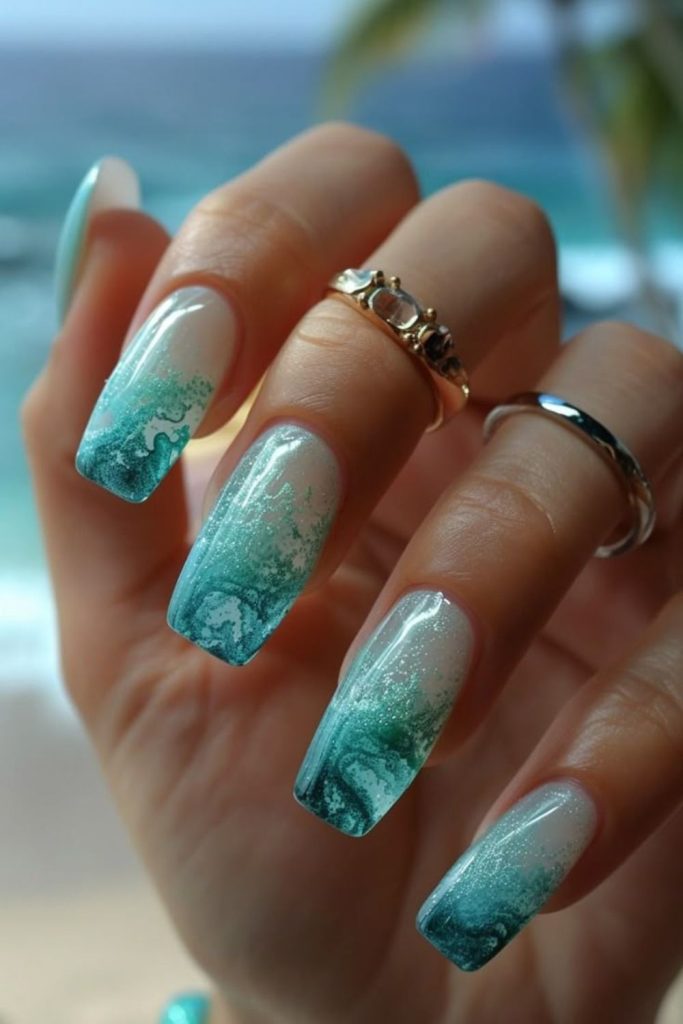 Aqua wave nails with pearlescent shimmer