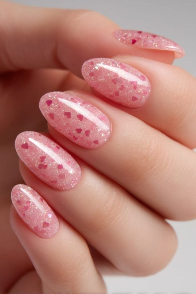 Candy pink nails with reflective glitter