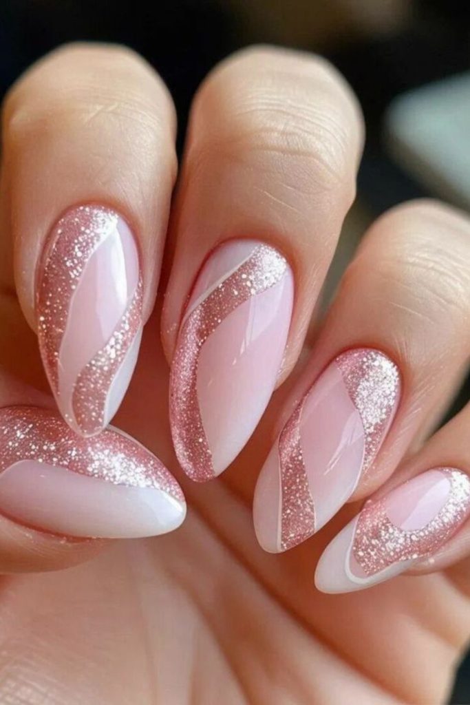 Glossy pink swirls with playful glitter.