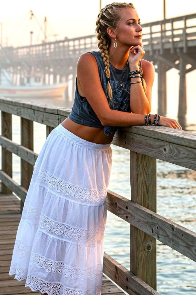 Sky-blue blouse white chiffon maxi