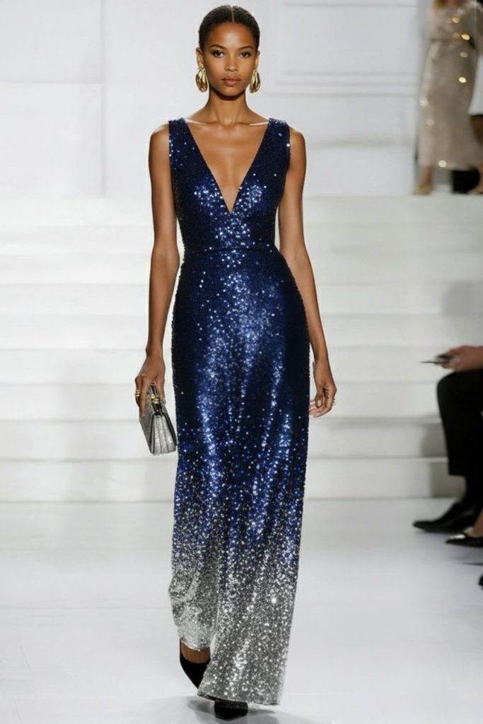 Navy shimmer maxi dress metallic heels clutch