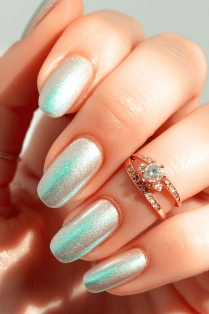 Mint nails with opalescent shimmer
