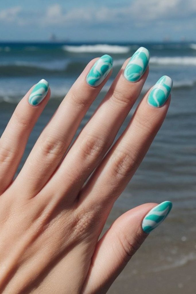 Cerulean nails, calming ocean waves.