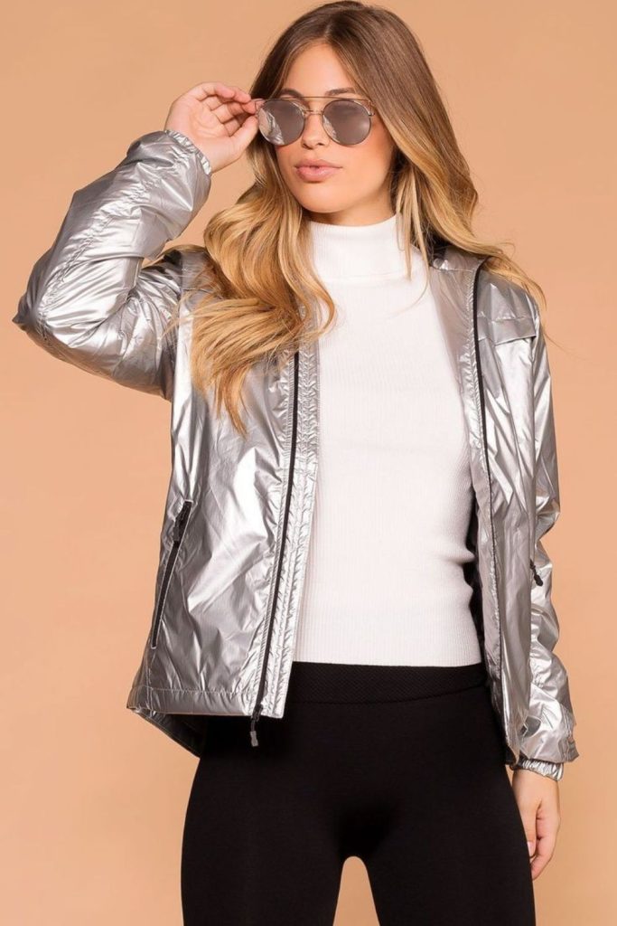 Reflective silver bomber leather pants