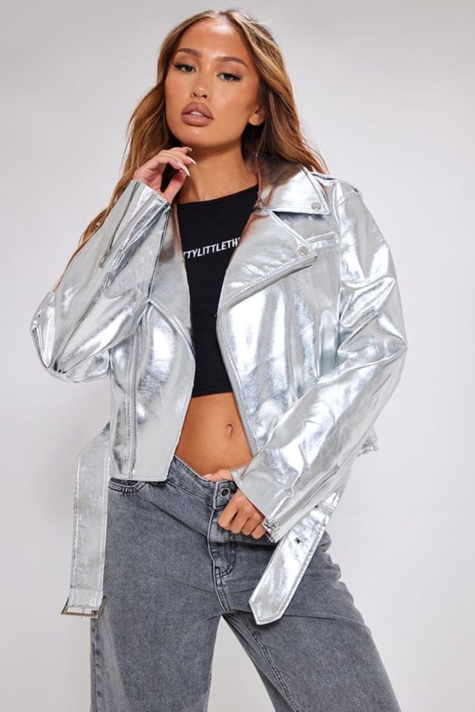 Chrome reflective jacket leather pants