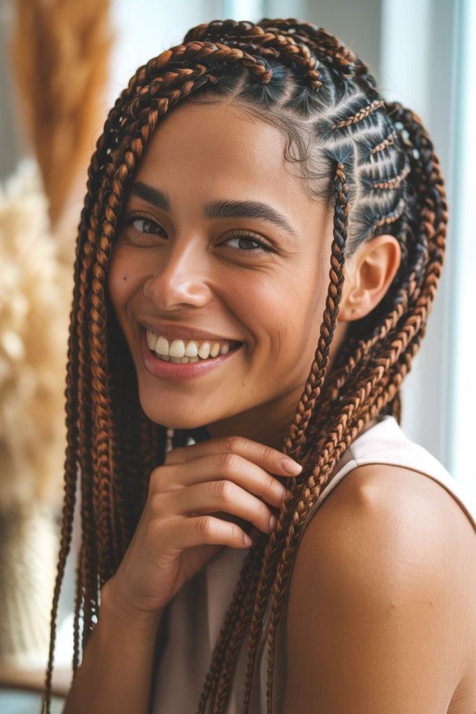 Reddish-brown rippled side braids