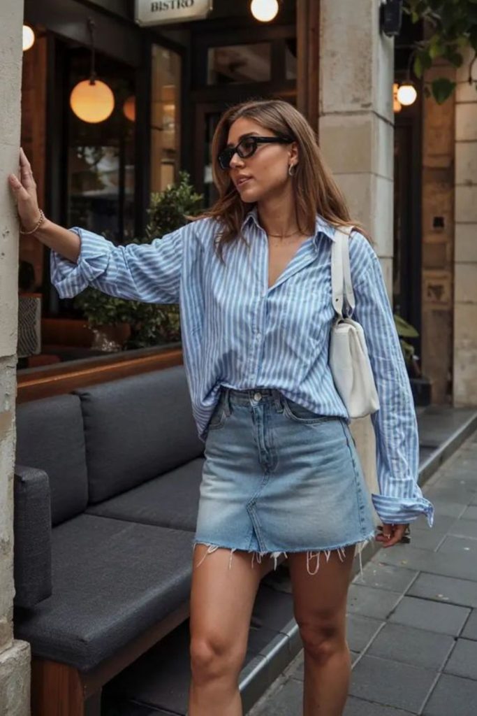 Button shirt denim skirt coastal outfit.