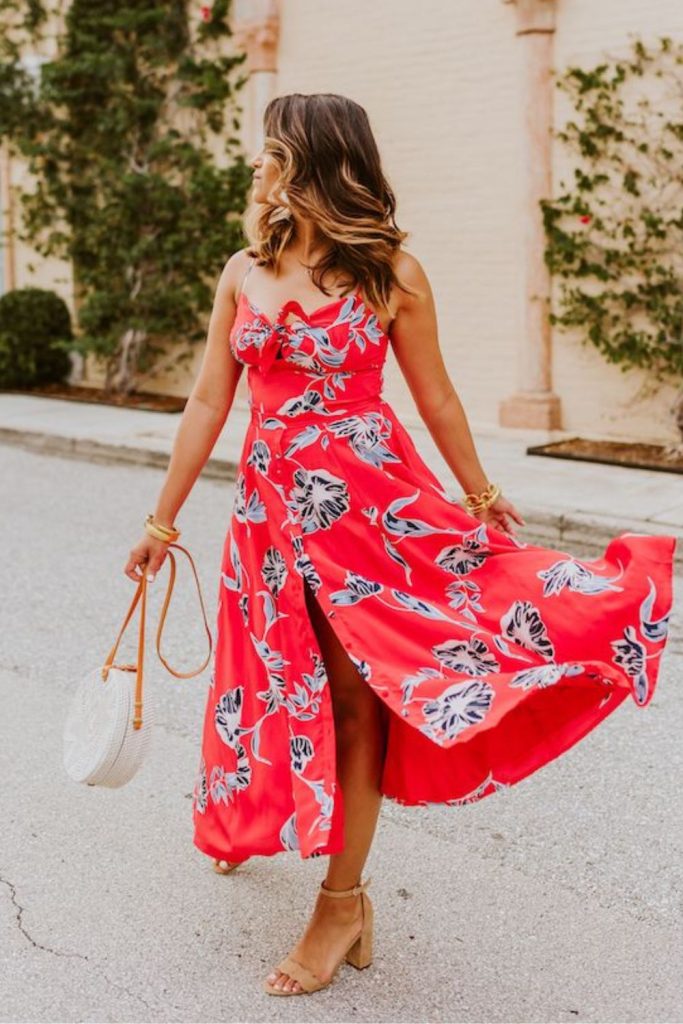 Coral wrap dress espadrille wedges straw bag