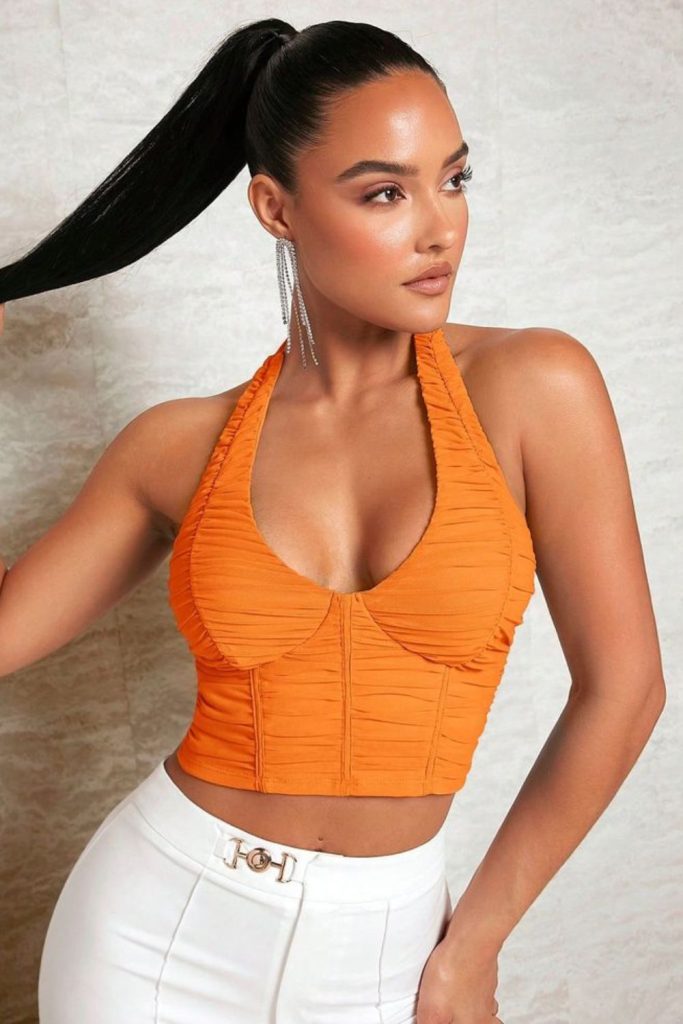 Coral halter top white high-waist shorts