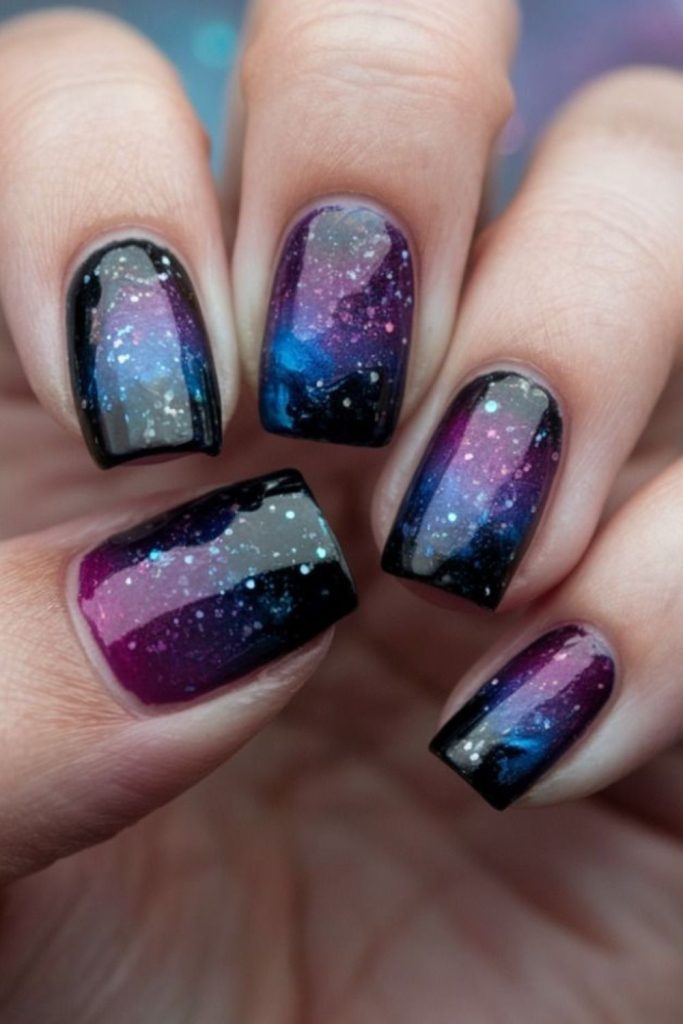 Galaxy-inspired nails with dripping starfields.