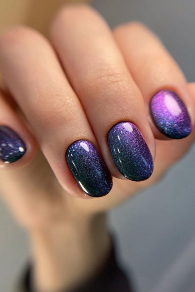 Mini violet galaxy nails sparkle subtly