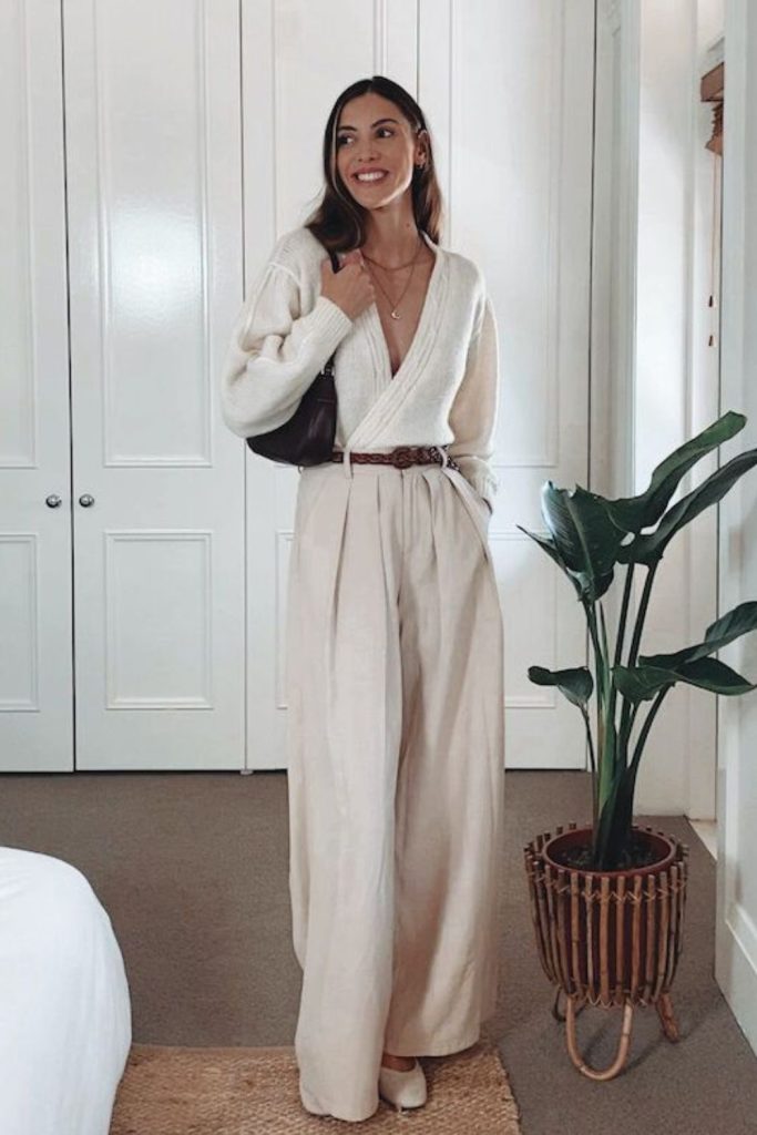 Cardigan pleated trousers cozy outfit.