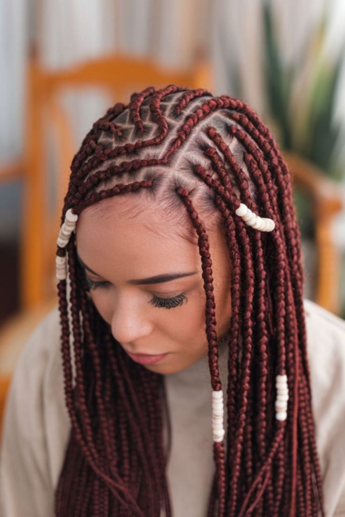 Cherry-red layered side braids