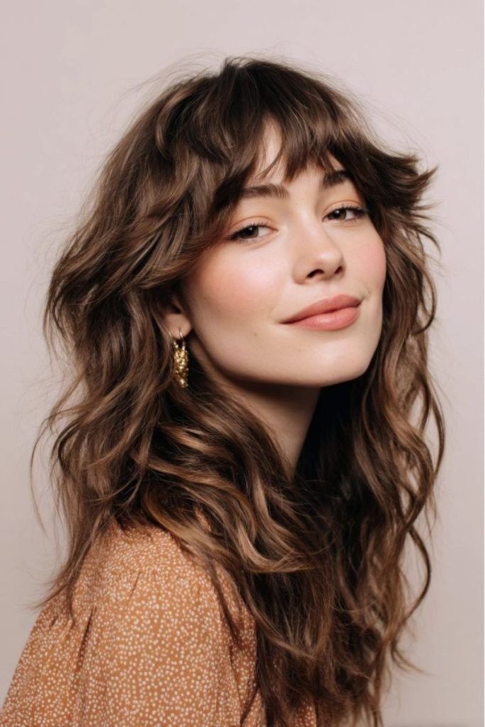 Wispy curled bangs around cheekbones