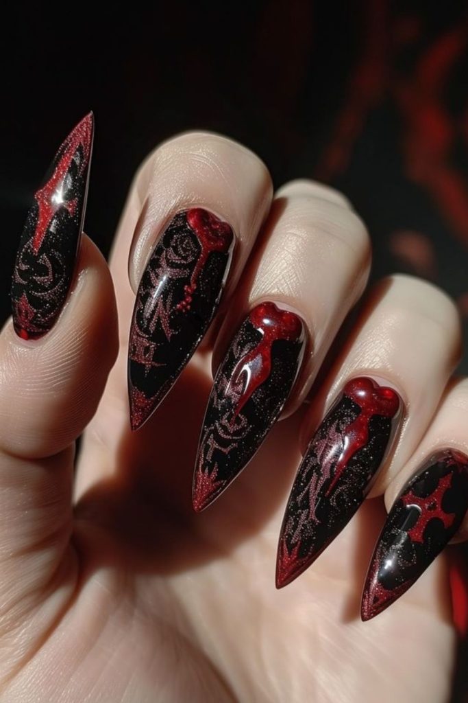 Black nails with red vein patterns
