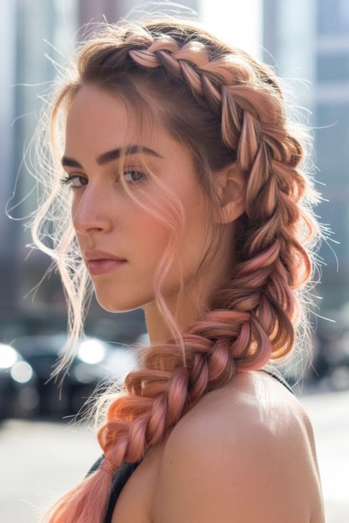 Sandy-pink chunky side braids