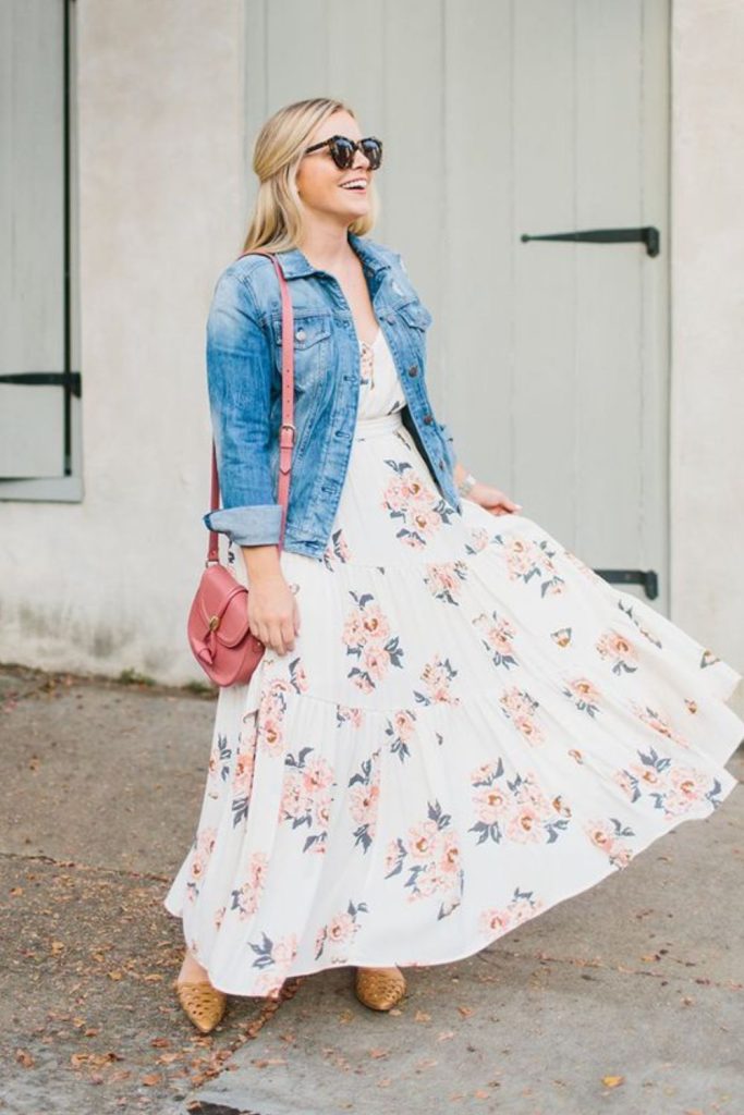 Denim jacket floral dress casual vibe.