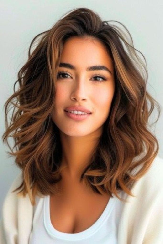 Layered wavy lob with soft fullness.