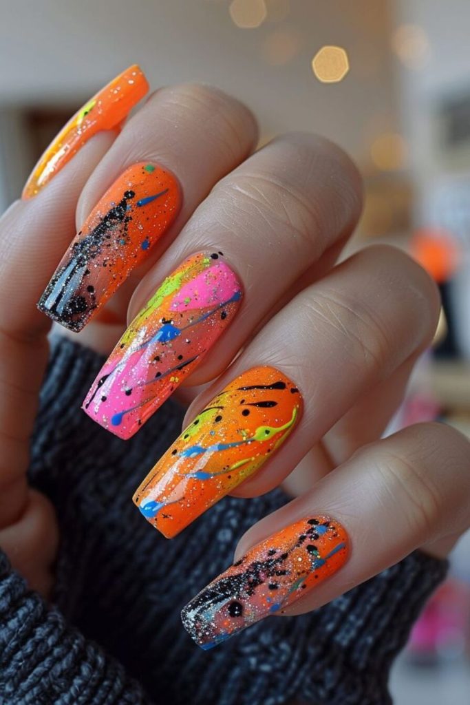 Vibrant neon nails with jagged streaks.