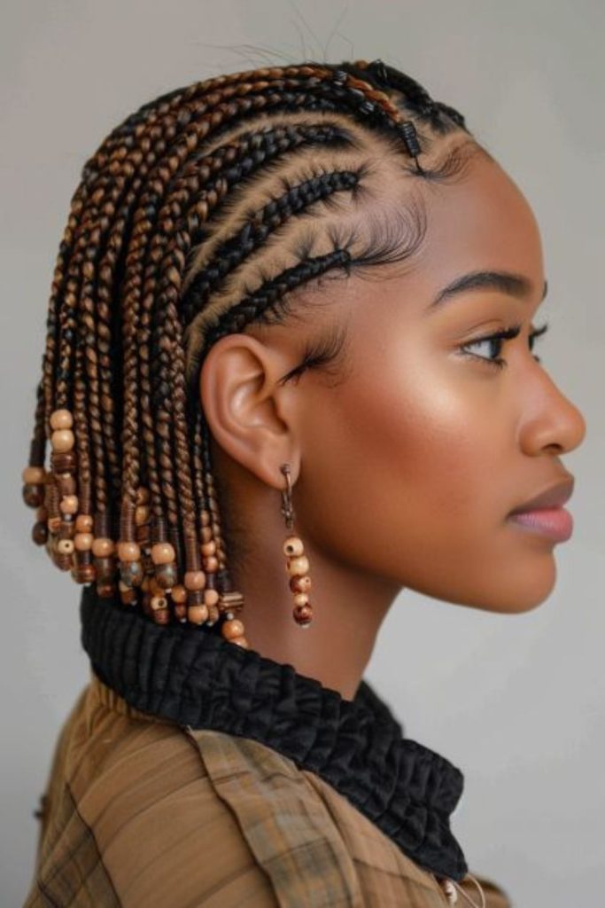 Red-threaded braids with metallic highlights