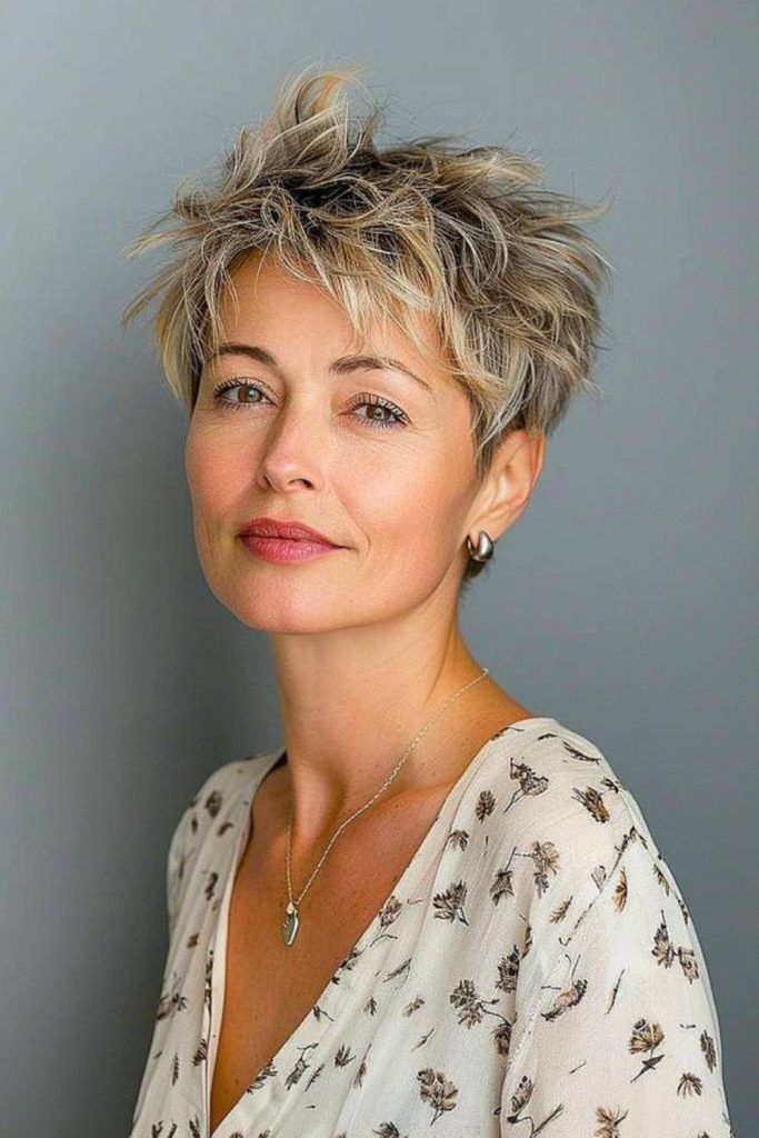 Voluminous feathered pixie with airy lift.