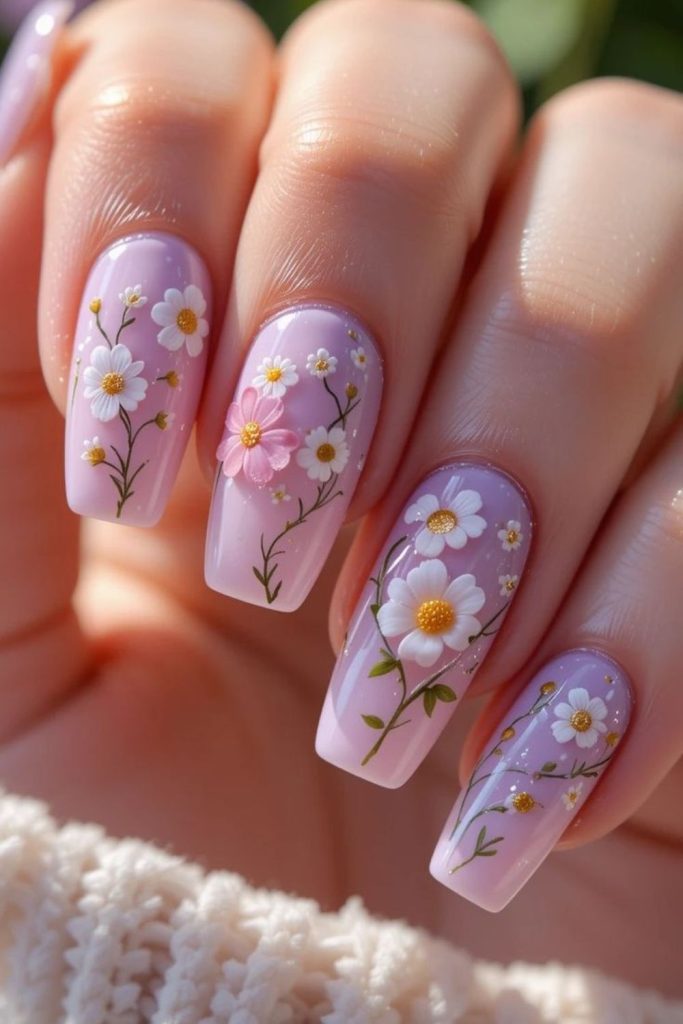 Pastel floral nails with whimsical details