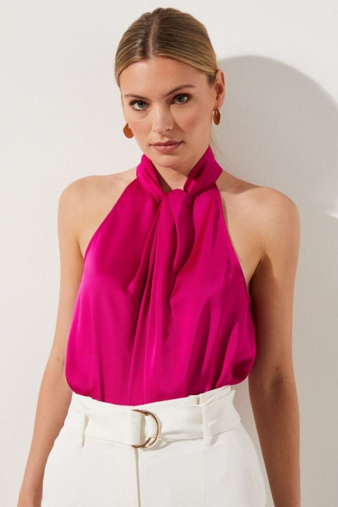 Hot pink halter white pants