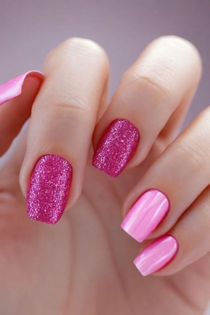 Vibrant pink nails with glitter bursts.