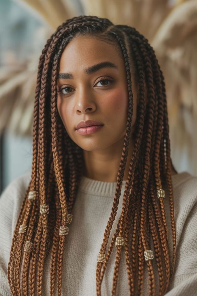 Earthy brown braids with wood beads