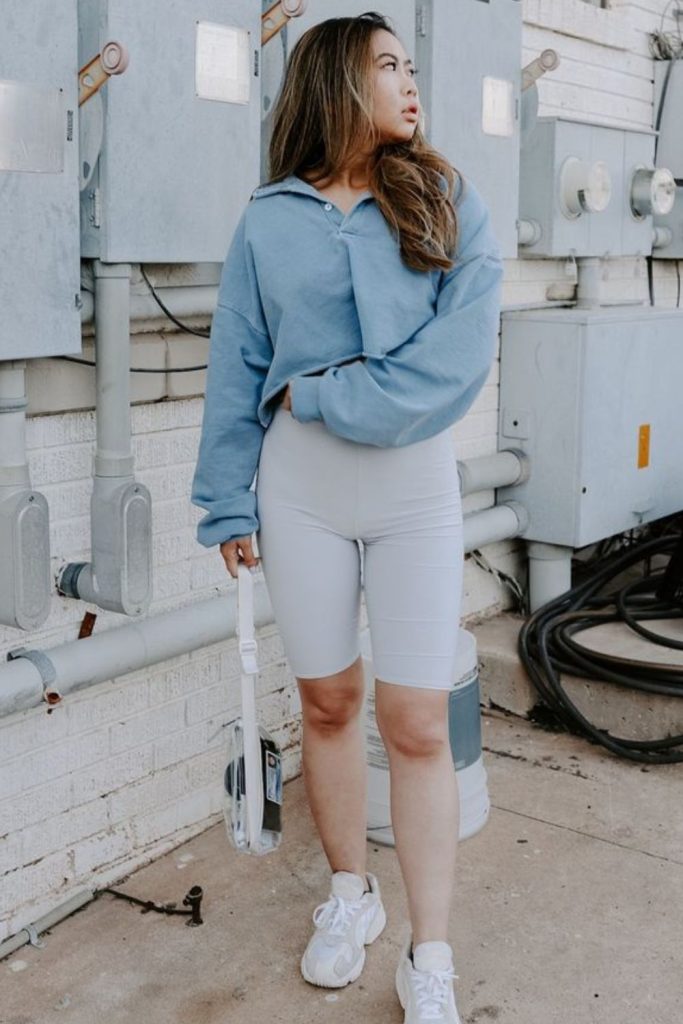 Ice blue cropped hoodie white biker shorts
