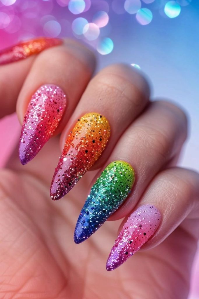 Frozen neon nails with sparkling shards.