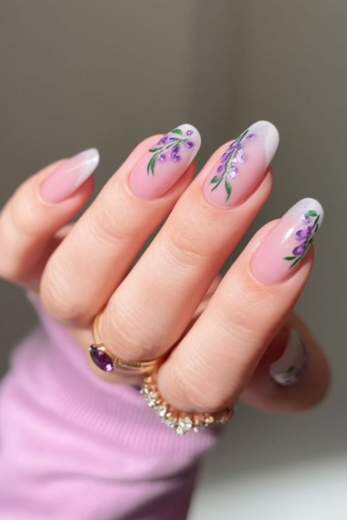Frosted purple floral nails.