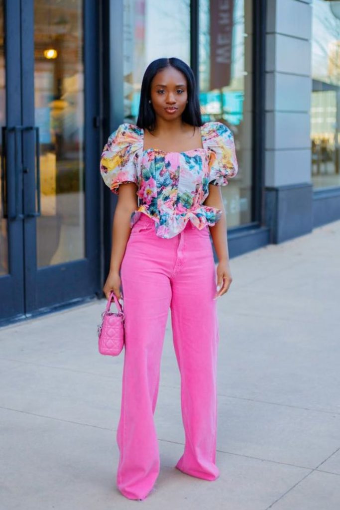Fuchsia blouse pastel trousers playful