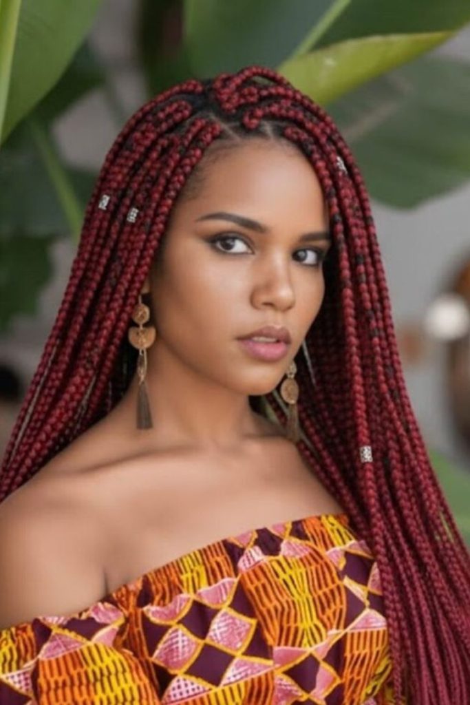 Deep red side plaits with flair