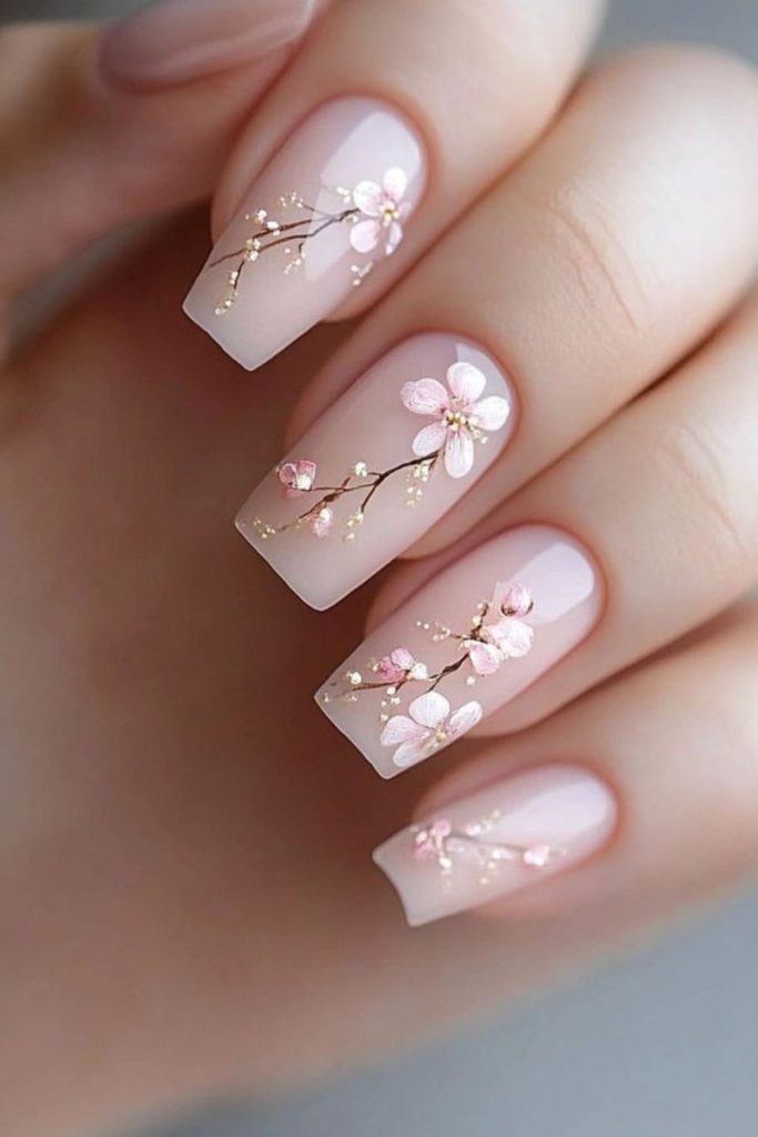 Blush nails with gold floral motifs