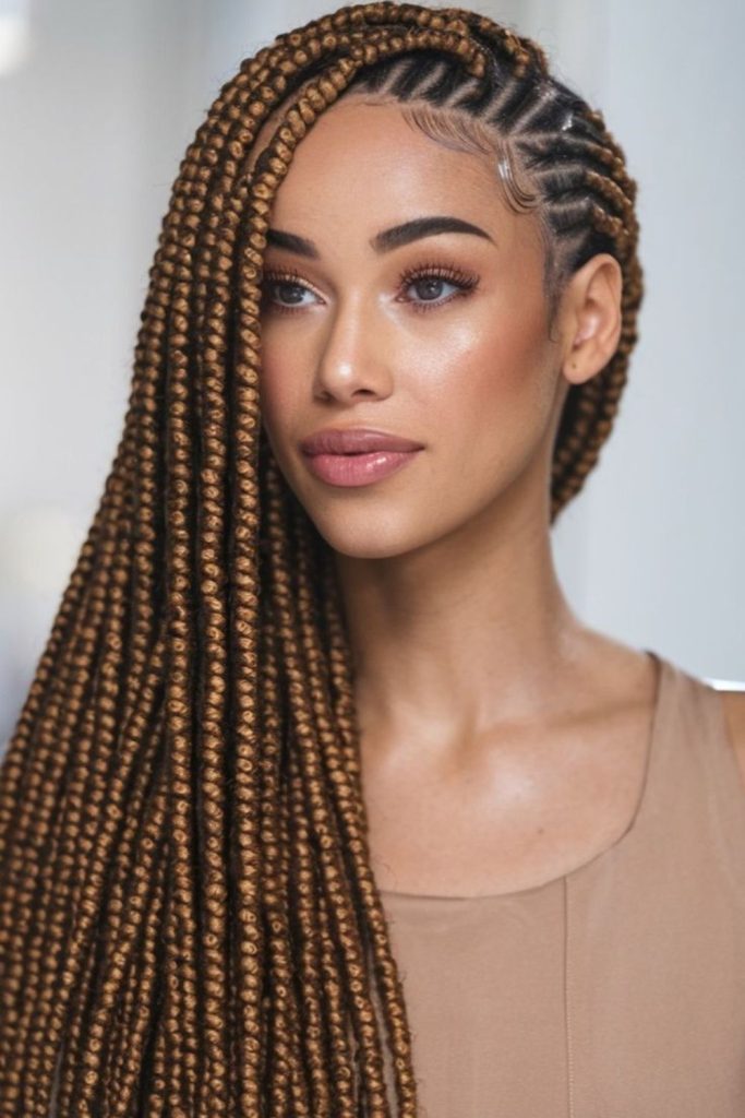 Honey-colored side braid flowing elegantly