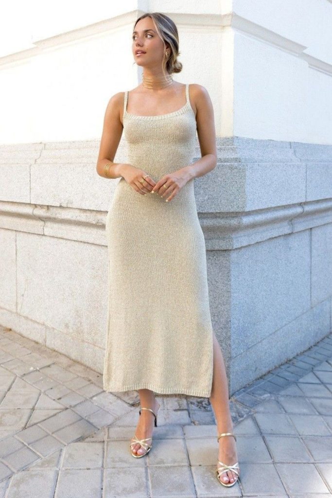 Golden slip dress sand-colored sandals straw tote