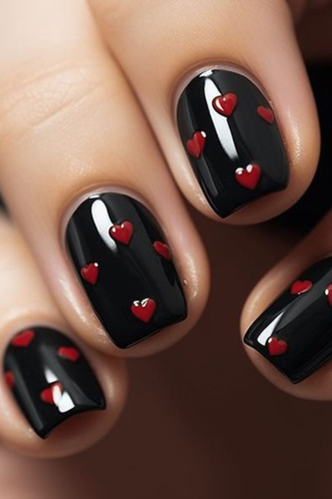 Charcoal nails with tiny red hearts