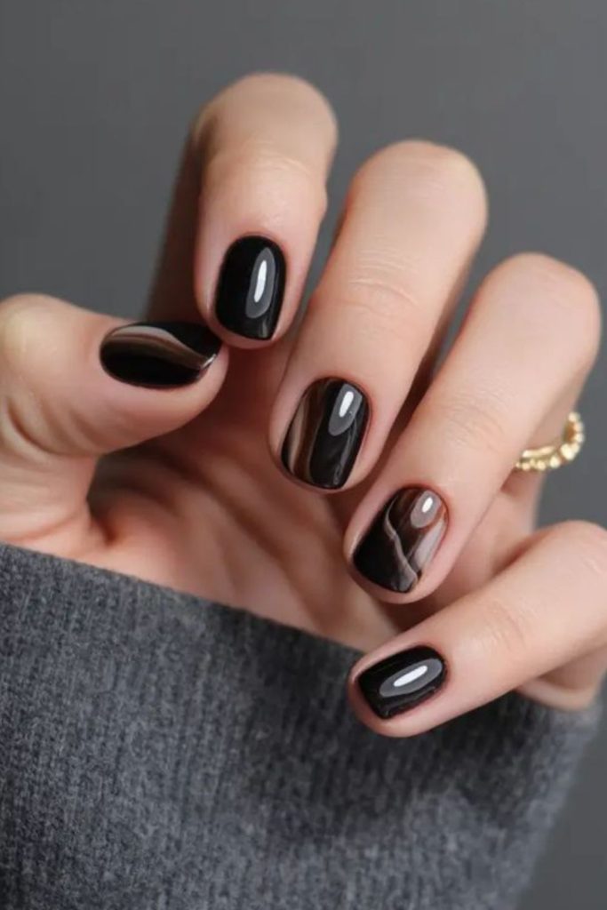 Tiny black sketch inspired nail tips