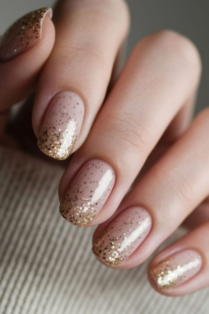 Ivory nails with champagne shimmer highlights