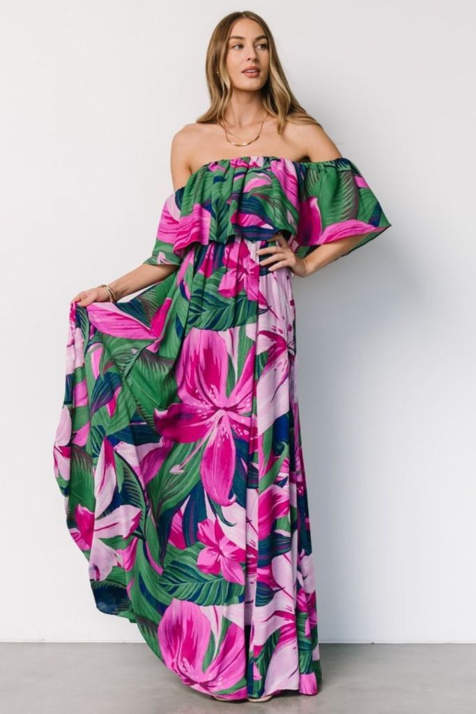 Fuchsia off-shoulder top leaf skirt