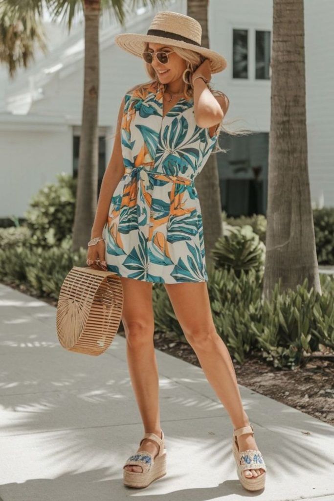 Tropical romper straw wedges oversized sunglasses