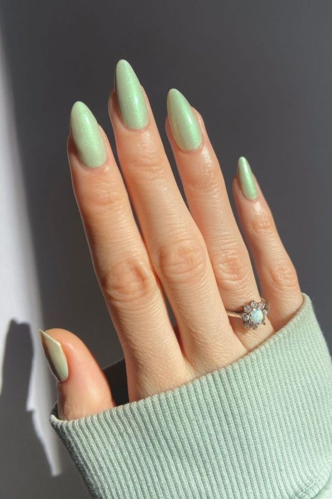 Honeydew satin green nails.