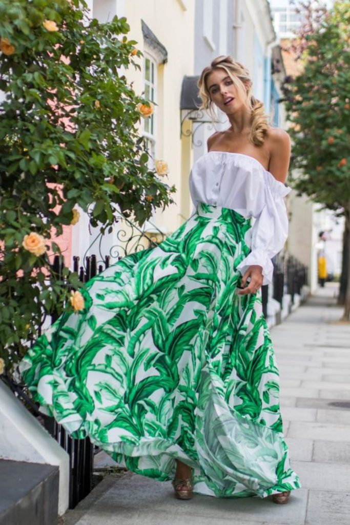 White blouse tropical-print flowy skirt