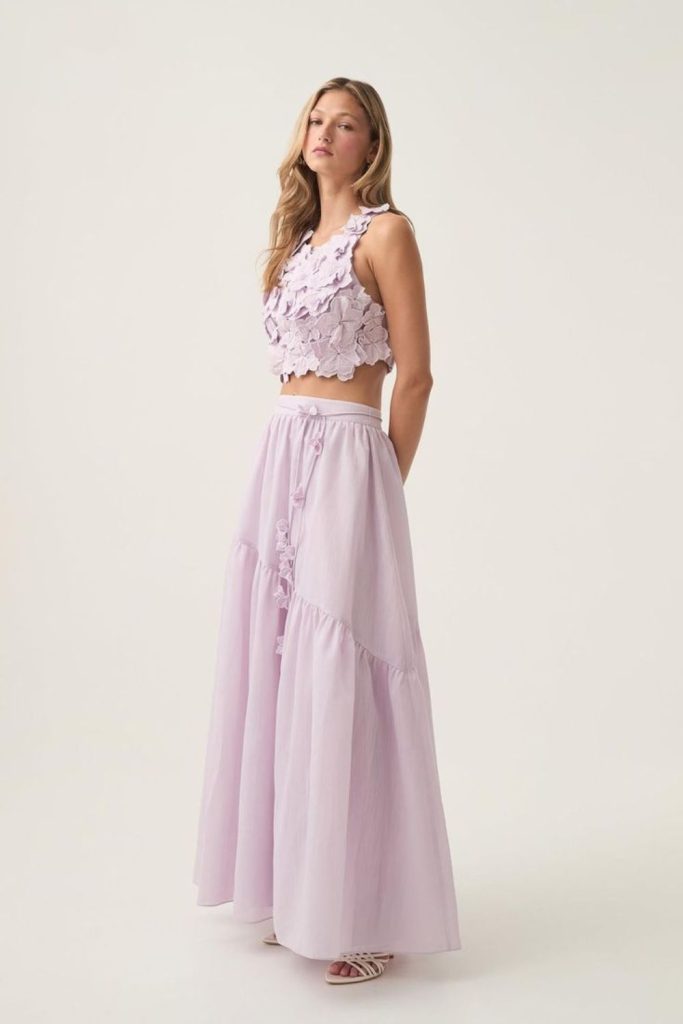 Lavender crop top pleated skirt ballet flats