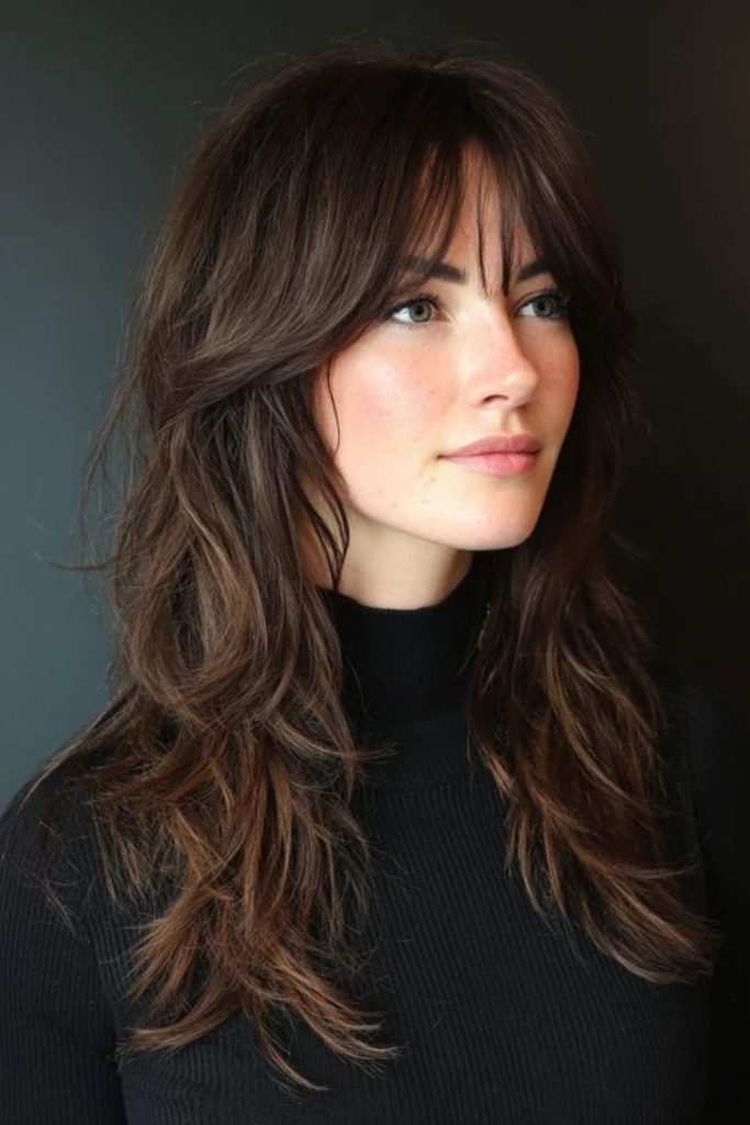 Layered curtain bangs falling softly